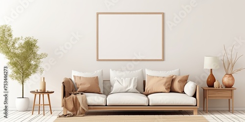 Contemporary living room with poster frame, beige sofa, wooden table, and decorations. Creative home staging. White wall. Copy space. Template.