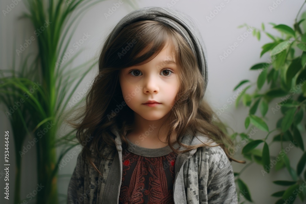Portrait of little girl with long hair on grey wall background. Portrait of little girl with long hair on grey wall background.