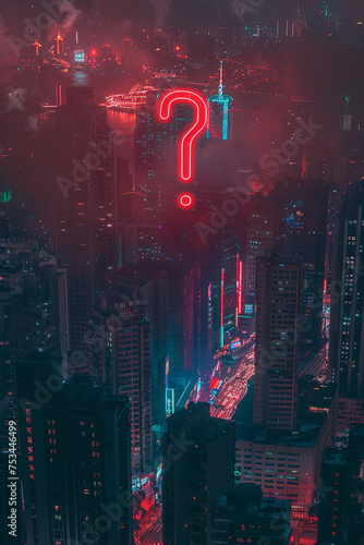 A giant question mark above a city