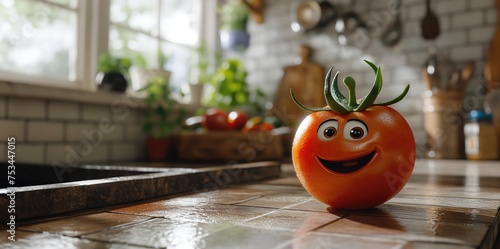 Cartoon mascot tomato smiling. Created with generative AI. photo