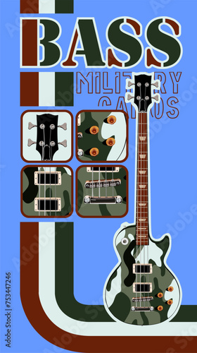 Four-String Bass Detailed with Military Camo and Three Color Lines on Navy Background