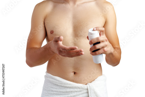 Unrecognizable man holding shaving foam in hands against white background