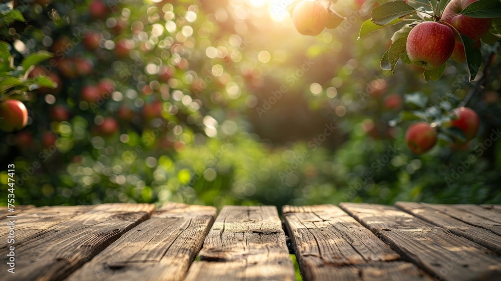 © BOONJUNG - rustic wooden table place of free space for your decoration and apple trees with fruits in sun light