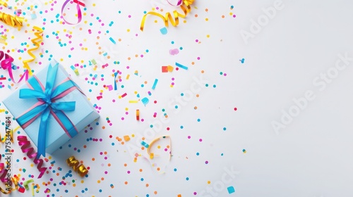 Celebration anniversary and party concepts ideas with colorful gift box present and confetti element on white color background.Top view design template and copy space .