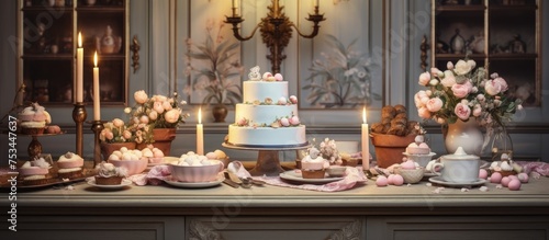 Decorated tea table showcasing festive Easter cake in a well lit room