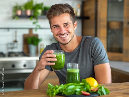 Smiling young man enjoying a fresh green smoothie in a modern kitchen  promoting a healthy diet and wellbeing.