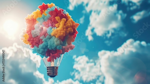 illustration of light bulbs floating in the sky in a whimsical dreamscape, with bright sunlight and detailed backgrounds, idea, education photo