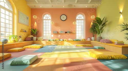 A cheerful and lively yoga room with vibrant yellow and pink walls, cushioned flooring, and large windows, exuding a welcoming and peaceful atmosphere for a rejuvenating workout photo