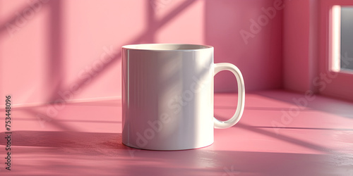 White coffee mug on a pink background white blank mug with handle on pink background concept and sun light comming in over the window 