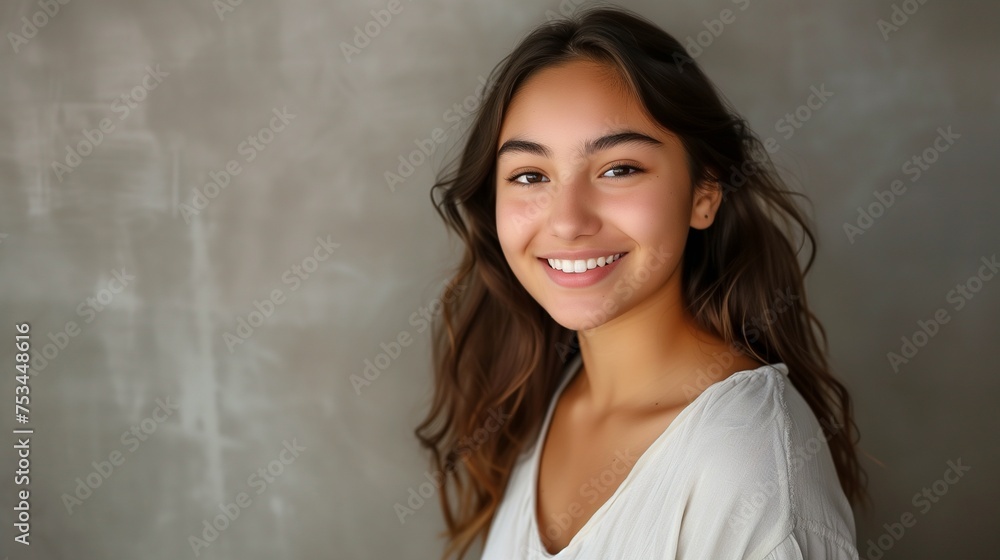 Craft a headshot portrait capturing the confidence and happiness of a beautiful Hispanic student girl indoors. Craft a headshot portrait capturing the confidence and happiness of a beautiful Hispanic student girl indoors.