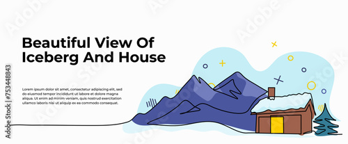Vector illustration of house near the mountains. Modern flat in continuous line style.