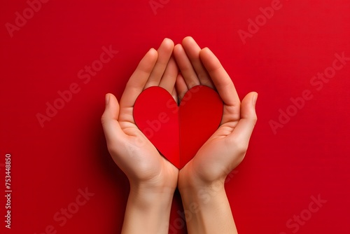 Hand holding paper cut Red Heart. Protect or wedding concept