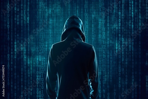 A shadowy figure of a hacker stands alone against a black backdrop filled with binary codes.