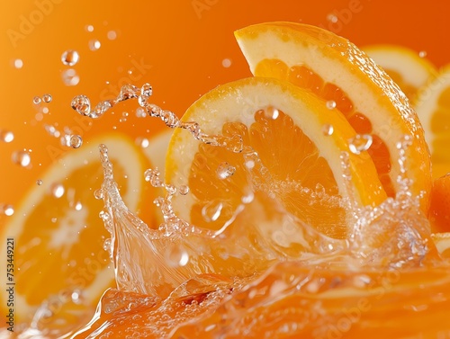 Slices of orange with splashing water against an orange backdrop, capturing the essence of freshness.
