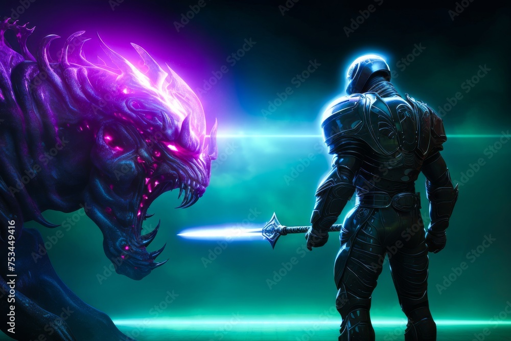A knight facing off against a monstrous beast their armor aglow with protective runestechnologysci fineon A knight facing off against a monstrous beast their armor aglow with protective runestechnologysci fineon