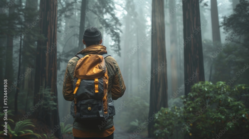 A young man with backpack travel at fog-enshrouded redwoods,Seek exclusivity and privacy