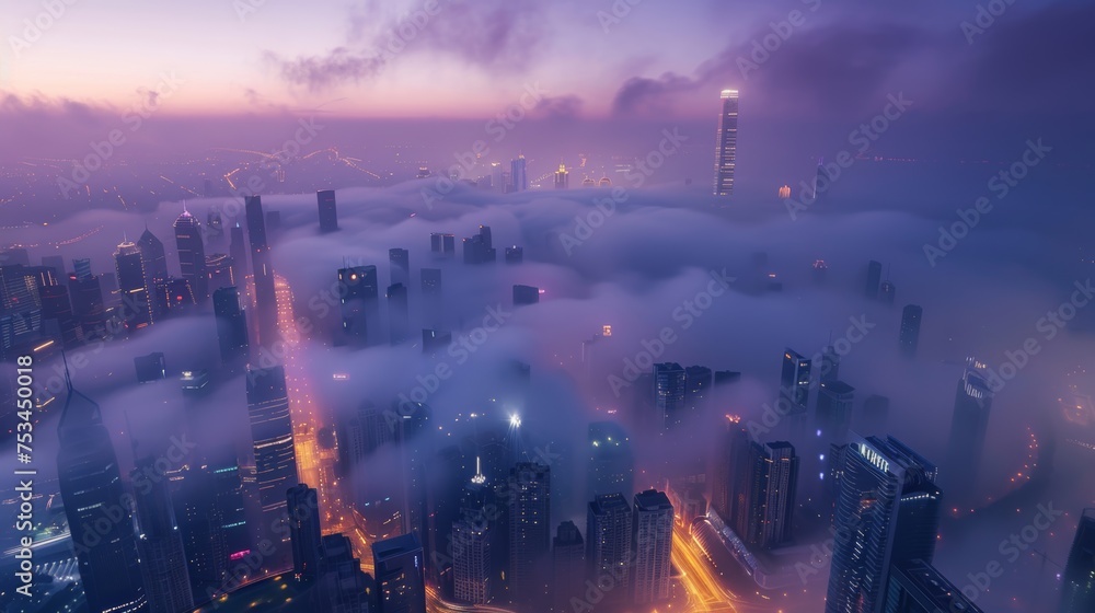 large city covered by fog in the morning,top view