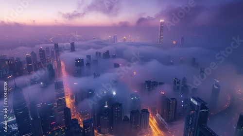 large city covered by fog in the morning,top view