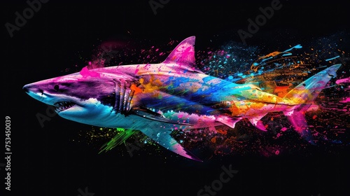 Aquatic animals shark that swim majestically in oceans and seas. Painted with paint splash technique. Isolated black background. Also for T-shirt printing pattern. Generative AI