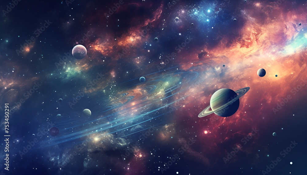 A cosmic style with planets stars or galaxies Vibrant space colorful planets shinny dark background