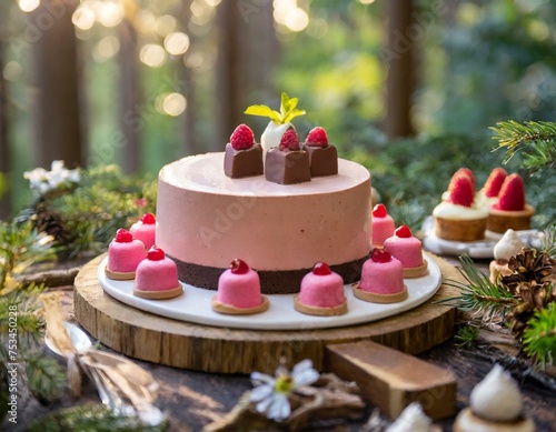 Enchanted Delights  Raspberry Chocolate Mousse Cake House Amidst Miniature Forest of Sweet Treats 