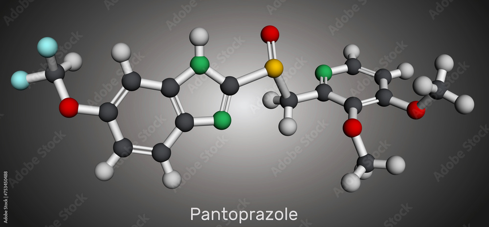Pantoprazole molecule. It is proton pump inhibitor, gastric ulcer drug. Molecular model. 3D rendering Pantoprazole molecule. It is proton pump inhibitor, gastric ulcer drug. Molecular model. 3D rendering