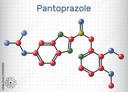 Pantoprazole molecule. It is proton pump inhibitor, gastric ulcer drug. Molecule model, Sheet of paper in a cage