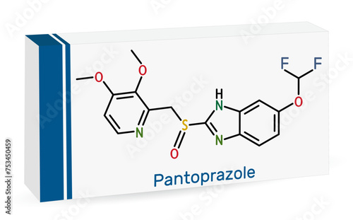 Pantoprazole molecule. It is proton pump inhibitor, gastric ulcer drug. Skeletal chemical formula. Paper packaging for drugs.