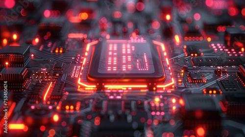 Close Up of Computer Chip With Red Lights
