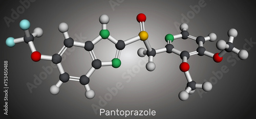 Pantoprazole molecule. It is proton pump inhibitor, gastric ulcer drug. Molecular model. 3D rendering