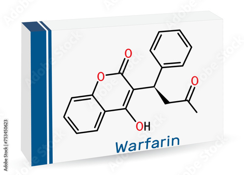 Warfarin drug molecule. Warfarin is an anticoagulant, used to prevent blood clot formation. Skeletal chemical formula. Paper packaging for drugs.