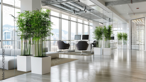 modern eco friendly office interior decorated with plants, environment friendly office interior architecture, tables chairs plants, lucky bamboo plants in office