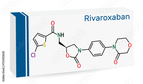 Rivaroxaban molecule. It is an anticoagulant and the orally active direct factor Xa inhibitor. Skeletal chemical formula. Paper packaging for drugs