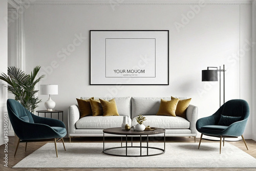 mock up poster frame in modern interior background, interior space, living room, Contemporary style, 3D render, 3D illustration