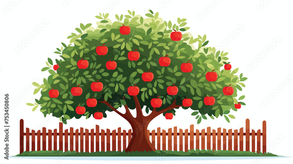 apple tree with fence isolated on white background.