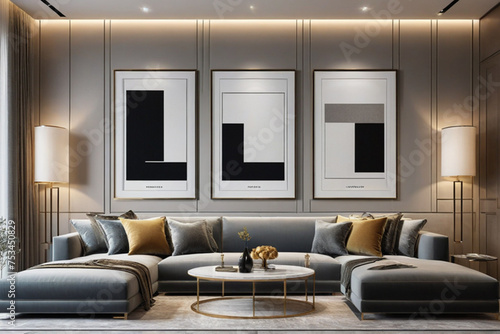 mock up poster frame in modern interior background, interior space, living room, Contemporary style, 3D render, 3D illustration