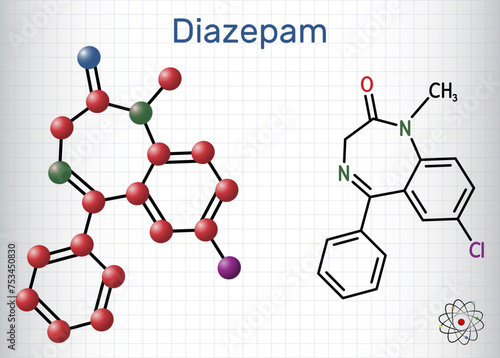 Diazepam drug molecule. It is long-acting benzodiazepine, used to treat panic disorders. Structural chemical formula, molecule model. Sheet of paper in a cage