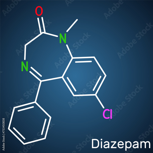 Diazepam drug molecule. It is long-acting benzodiazepine, used to treat panic disorders. Structural chemical formula on the dark blue background.