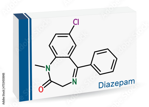 Diazepam drug molecule. It is long-acting benzodiazepine, used to treat panic disorders. Skeletal chemical formula. Paper packaging for drugs.