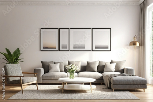 mock up poster frame in modern interior background, interior space, living room, Contemporary style, 3D render, 3D illustration