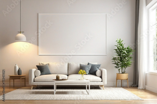 mock up poster frame in modern interior background, interior space, living room, Contemporary style, 3D render, 3D illustration