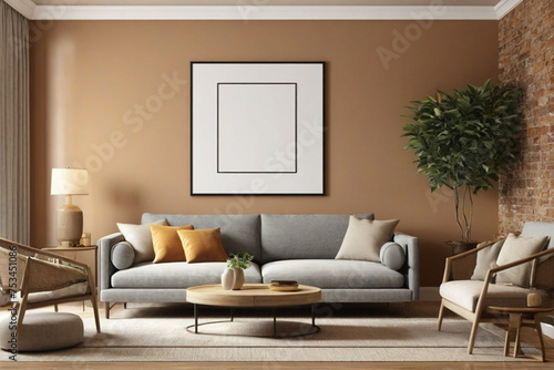 mock up poster frame in modern interior background, interior space, living room, Contemporary style, 3D render, 3D illustration