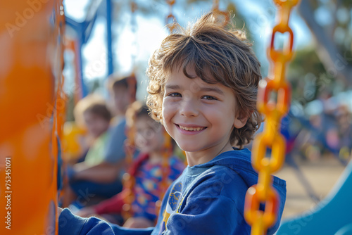 Children play happily in the park amidst summer fun. Playground in school or park photo