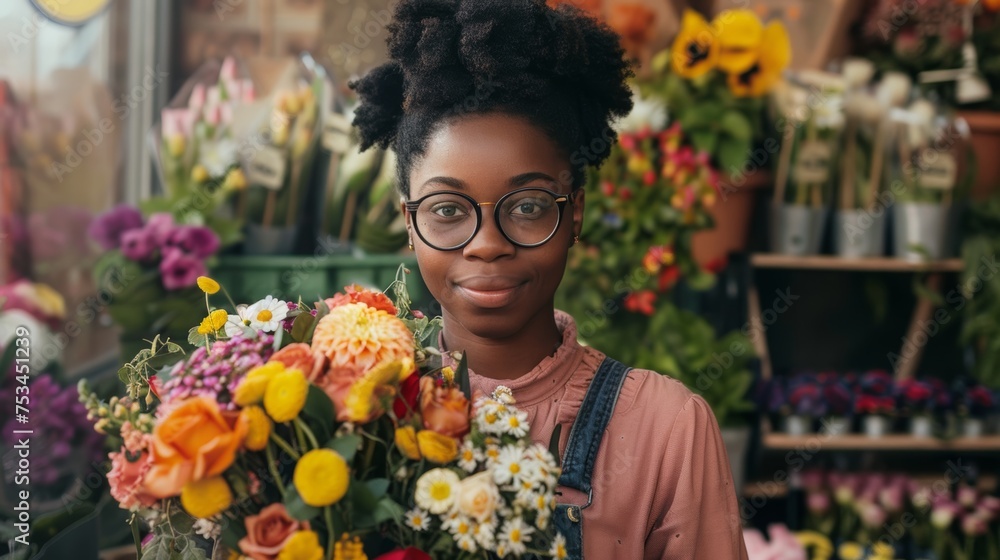 young african american florist in eyeglasses Handing a bouquet of flowers to the camera in flower shop