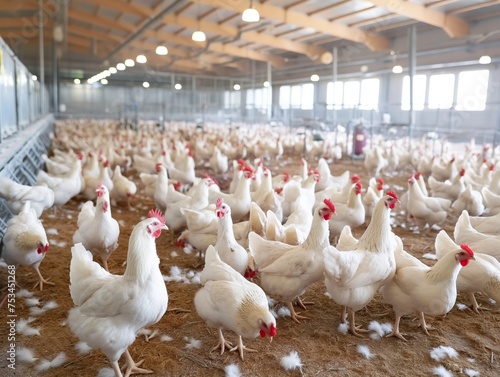 A bustling indoor chicken farm filled with numerous white chickens, showcasing poultry farming and agriculture.