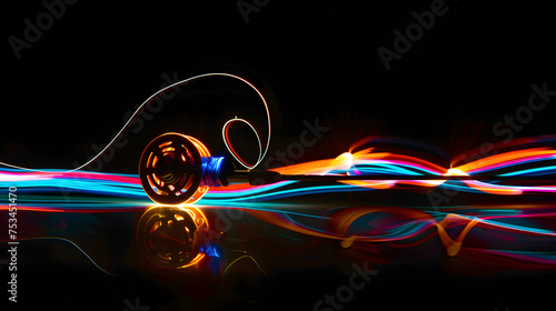 Neon silhouette of a fishing rod with reel and bobber isolated on black background.