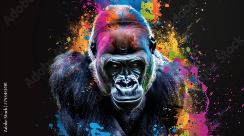 Terrestrial prey, gorilla herbivorous animals. They are very cute and lovable. Painted with paint splash technique. Isolated black background. Also for T-shirt printing pattern. Generative AI © Dvid