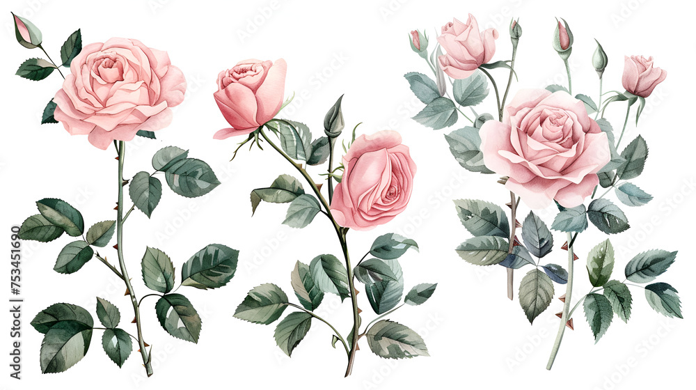 Set of floral branches Flower pink rose green leaves on isolated white background, generative Ai