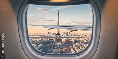 An airplane wing is visible through the window, with a blue sky and a Eiffel tower below