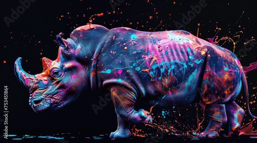 Terrestrial prey, hippo herbivorous animals. They are very cute and lovable. Painted with paint splash technique. Isolated black background. Also for T-shirt printing pattern. Generative AI